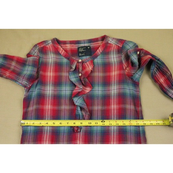 American Eagle AEO Womens Sz 10 Ruched Front Tunic Blouse Long Sleeve Plaid - Picture 9 of 12